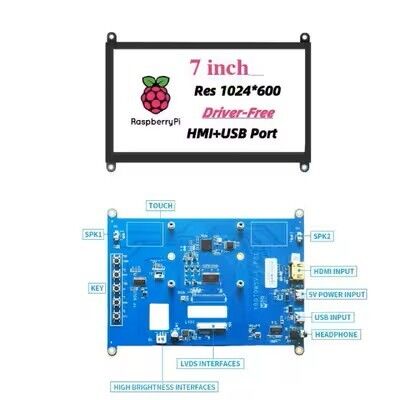 7 Inch HDMI LCD Display 1024x600 5 Point Touch Screen 450cd/m2 800cd/m2 Optional
