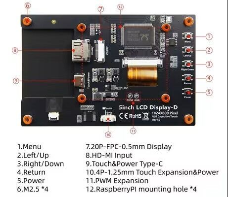 YBC050PKH-Q2 5 Inch 1024×600 HDMI LCD Display with 5-Point Capacitive Touch for Raspberry Pi