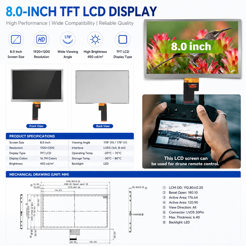 Industrial LVDS Display Module 1024x600 LCD Module Panel 8 Inch For HMI And Embedded Devices