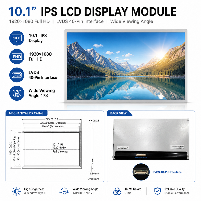 1920x1080 IPS LCD Module Full HD LVDS Screen 10.1 Inch For HMI And Embedded Devices