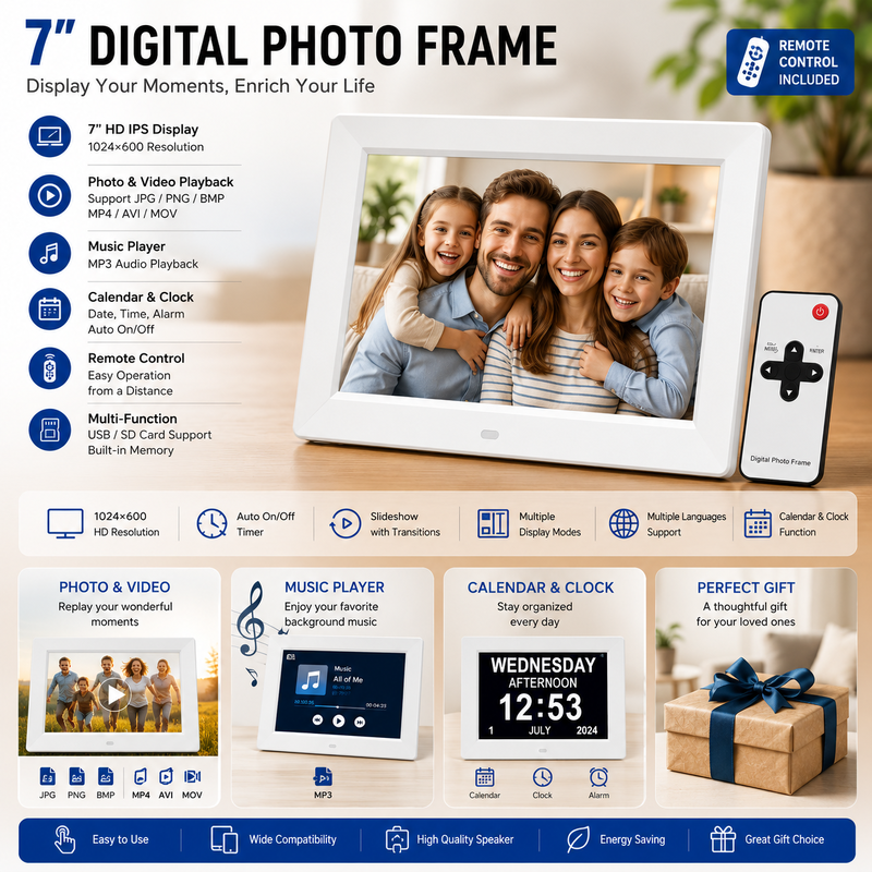 7 Inch HD Digital Photo Frames 1024*600 LCD Photo Frame With Video, Music And Remote Control