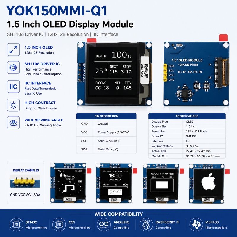 1.5 Inch OLED Display Module I2C SH1106 OLED Display 128x128 For Arduino Raspberry Pi STM32
