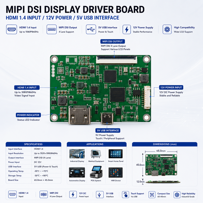 OEM HDMI Driver Board MIPI DSI LCD Controller Board With HDMI 1.4 Input 12V Power and USB Interface