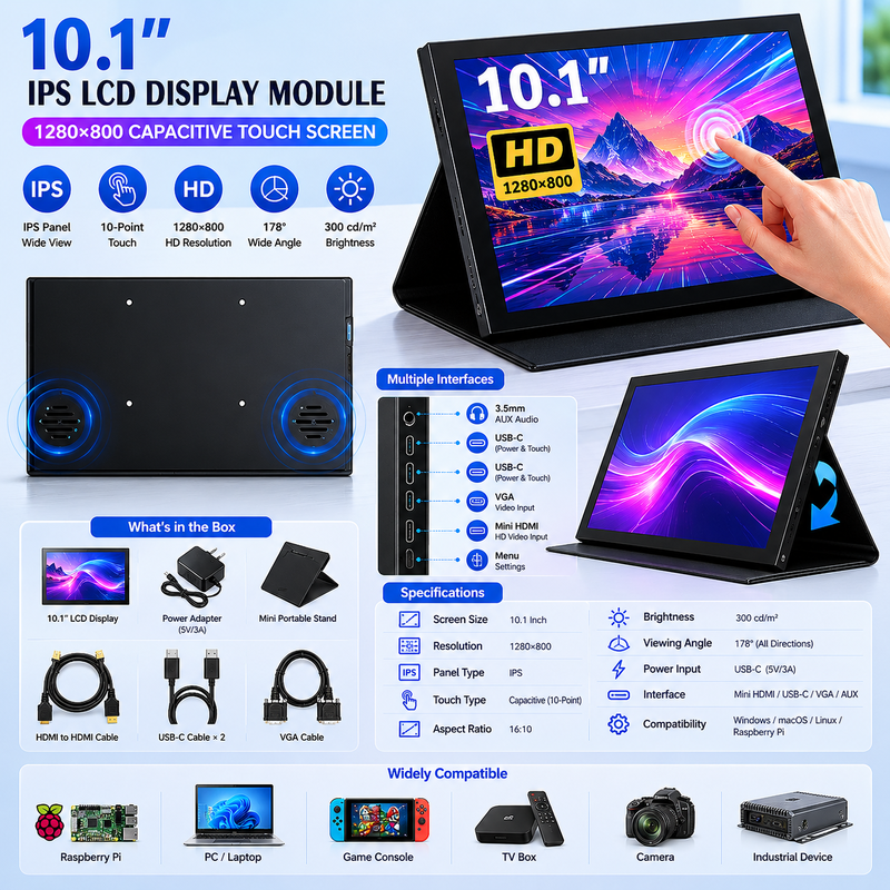 IPS HDMI LCD Display 10.1 Inch Portable Touch Screen Monitor 1280x800