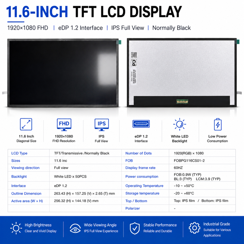 11.6 Inch TFT LCD Display Panel | 1920×1080 Full HD IPS | eDP 1.2 Interface | Laptop Replacement LCD Screen